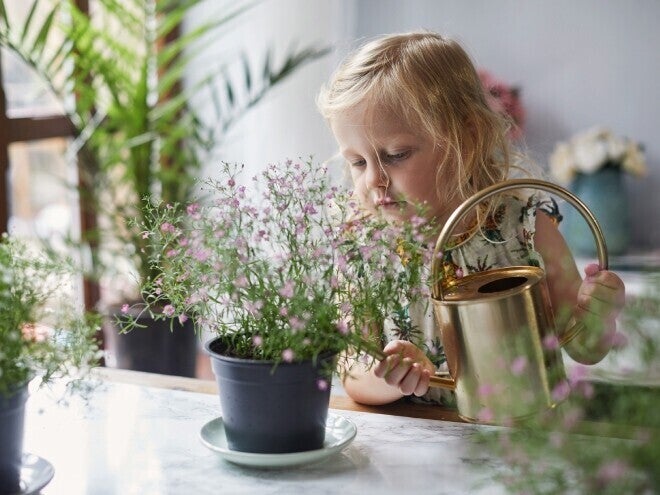 Niña pequeña regando plantas con una regadora.